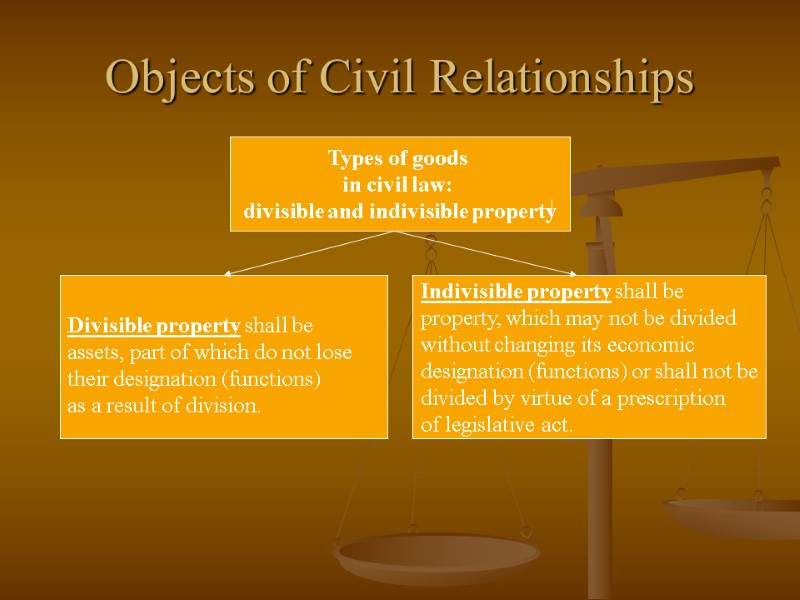 Objects of Civil Relationships Types of goods  in civil law:  divisible and